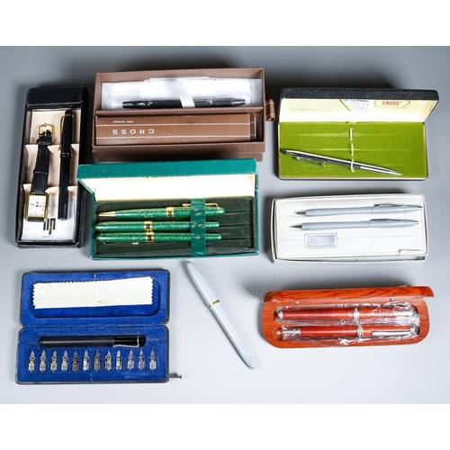 410 - Assorted boxed Pens, single and sets, fountain and ballpoint sets including Pierre Farber, Cross, Pe... 