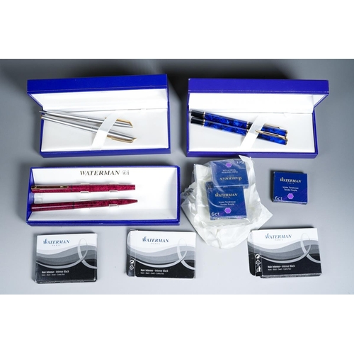 413 - Three cased Waterman duo sets comprising blue mottled and gilt fountain pen and ballpoint, gilt nib ... 