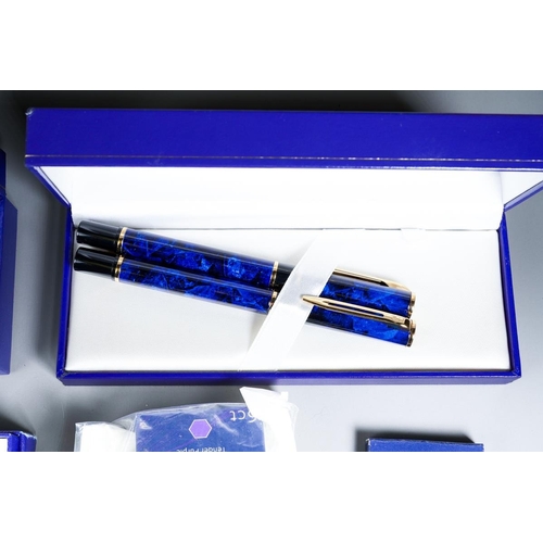 413 - Three cased Waterman duo sets comprising blue mottled and gilt fountain pen and ballpoint, gilt nib ... 