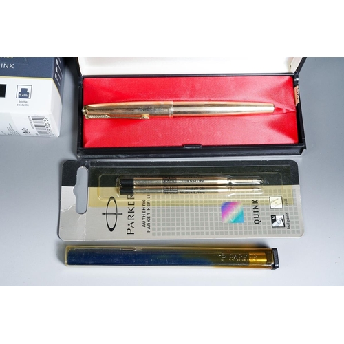 416 - PARKER: a vintage 12ct gold plated fountain pen, the cap stamped PARKER in fitted case  together wit... 