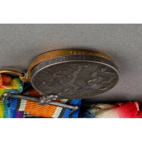 25 - WW1 British 1914-15 Star, War Medal and Victory Medal to 7883 Sjt H Simmonds, Kings Own Scottish Bor... 