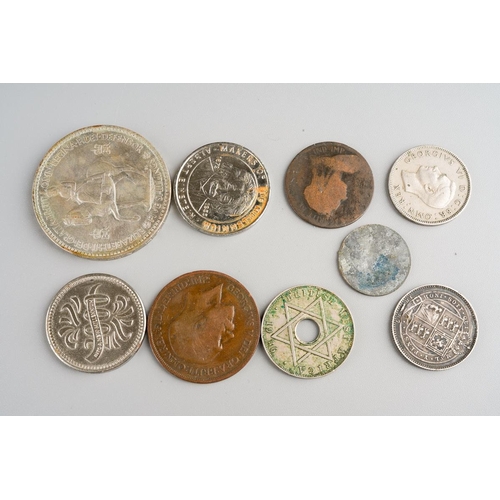 107 - Assorted coins and tokens comprising Victorian 1897 shilling, a Elizabeth II Five Shilling, a 1936 B... 