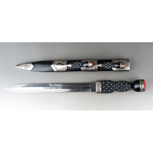 5 - Scottish Dirk with fullered double edged blade 293mm in length, no makers mark. Black resin grip. Ov... 