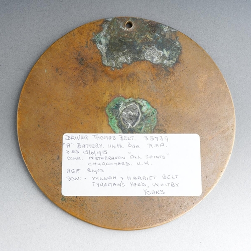 8 - WWI bronze Death Plaque / Penny awarded to Thomas Belt [1] af - worn

Driver Thomas Belt 35739 