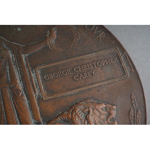 11 - WWI bronze Death Plaque / Penny awarded to George Christopher Carey [1]

Note: A.B Wales 3\189 R.N.V... 