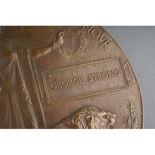 14 - WWI bronze Death Plaque / Penny awarded to George Strong [1]

Note: brother of Gunner Robley Strong,... 