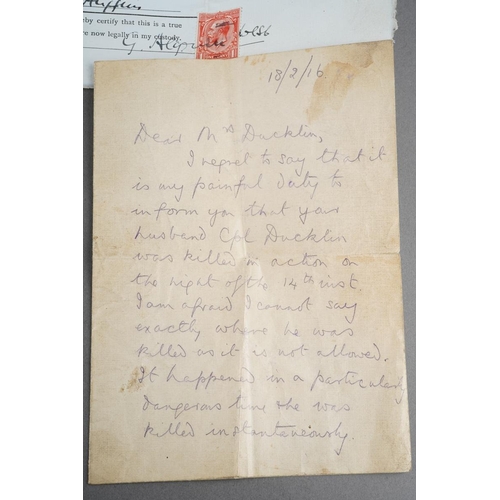 20 - A Great War Memorial Plaque to John Ducklin. 
Memorial Plaque – John Ducklin
Condition GVF, at some ... 