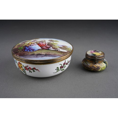 41 - A 19th century Continental enamel circular trinket box with hinged lid, decorated with a shepherd an... 
