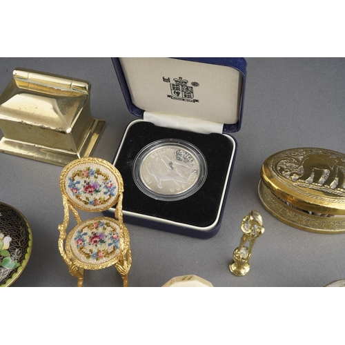 42 - A parel of 19th and 20th century metal curios, etc, including a bone gaming spinner, a miniature bel... 