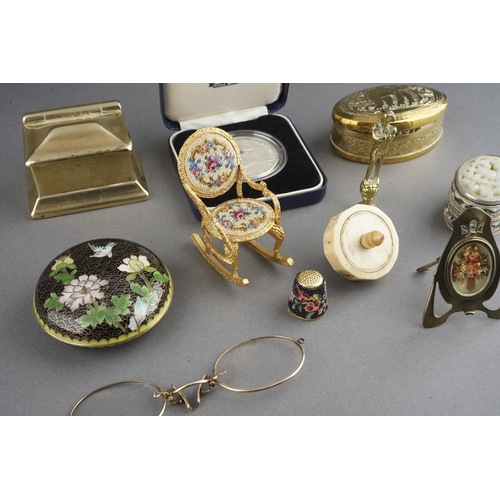 42 - A parel of 19th and 20th century metal curios, etc, including a bone gaming spinner, a miniature bel... 