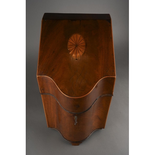 45 - A George III style mahogany and inlaid serpentine front knife box, the interior fitted with division... 