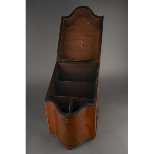 45 - A George III style mahogany and inlaid serpentine front knife box, the interior fitted with division... 