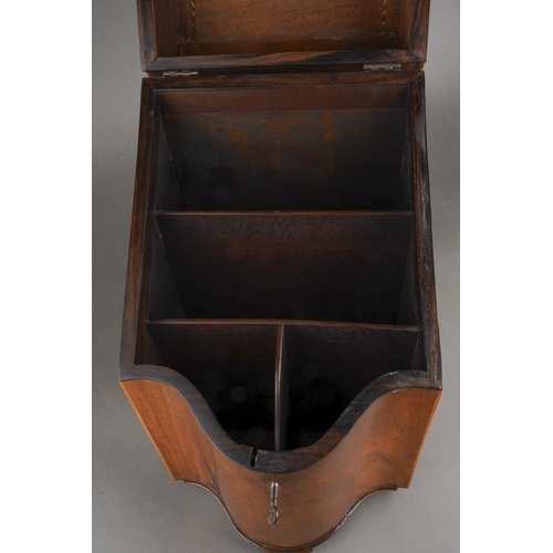 45 - A George III style mahogany and inlaid serpentine front knife box, the interior fitted with division... 