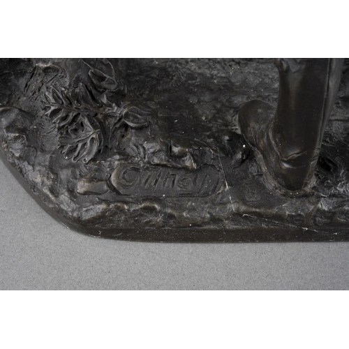 52 - Two Heredities bronzed resin figure groups, comprising a game shooter with his two hounds, s.d., hei... 