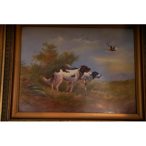 200 - A pair of Crown Devon Fieldings rectangular plaques hand painted with scenes of gun dogs and game in... 