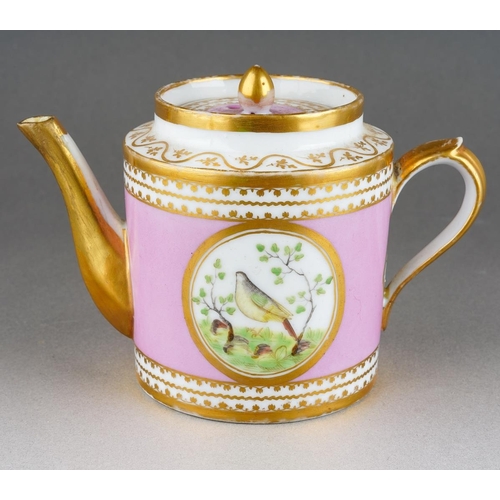 246 - A 19th Century French probably Paris porcelain teapot, pink pompadour ground decorated with central ... 