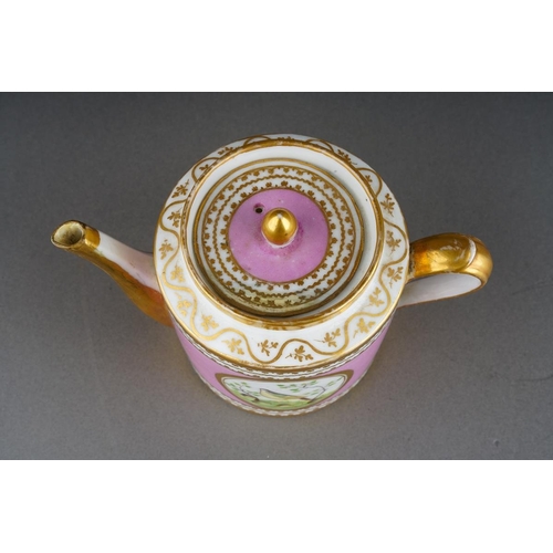 246 - A 19th Century French probably Paris porcelain teapot, pink pompadour ground decorated with central ... 