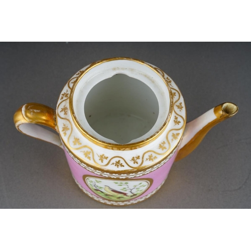 246 - A 19th Century French probably Paris porcelain teapot, pink pompadour ground decorated with central ... 