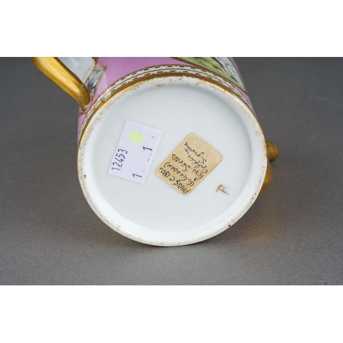 246 - A 19th Century French probably Paris porcelain teapot, pink pompadour ground decorated with central ... 