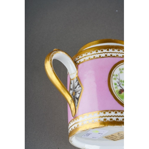 246 - A 19th Century French probably Paris porcelain teapot, pink pompadour ground decorated with central ... 