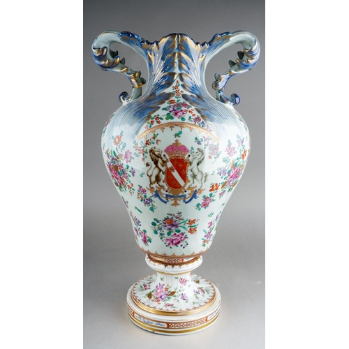 253 - A French Edme Samson of Paris large two handled Chinoiserie Armorial vase, Famille Rose decoration w... 