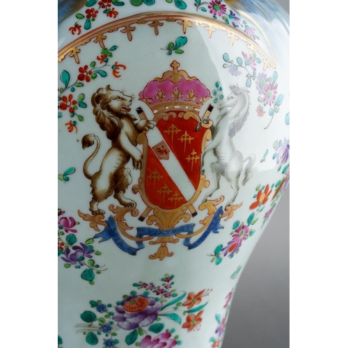 253 - A French Edme Samson of Paris large two handled Chinoiserie Armorial vase, Famille Rose decoration w... 