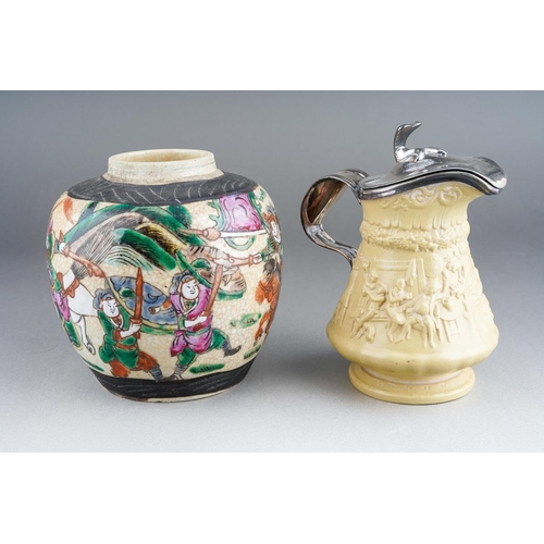 255 - A silver plated top lidded stoneware type jug, stamped Ridgeway together with Canton crackle glaze g... 