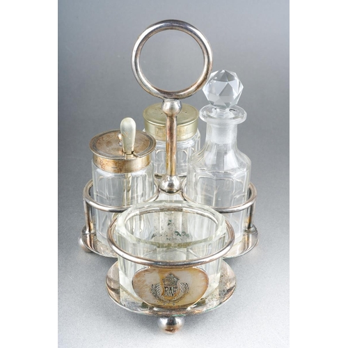 257 - An early 20th Century silver plate quatre foil shaped Officers Mess cruet stand with loop handle, th... 
