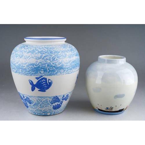 258 - A West German blue and white vase decorated with fish, numbered 504-20 to base., 19cm high approx an... 