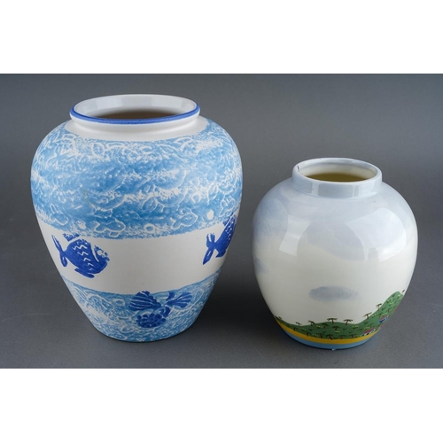 258 - A West German blue and white vase decorated with fish, numbered 504-20 to base., 19cm high approx an... 