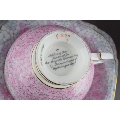 259 - An Art Deco Paragon Pink Hydrangea pattern tea set, replica pattern originally produced for HM Queen... 