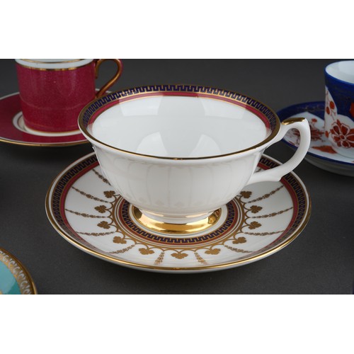 264 - A group of eight mostly British 20th/21st century assorted cups and saucers, comprising three Wedgwo... 