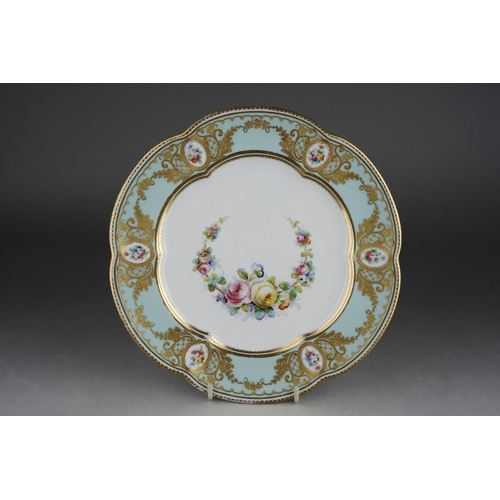 267 - A late 19th century Crown Derby porcelain cabinet plate, gilt wavy rim, the pale blue border with ra... 