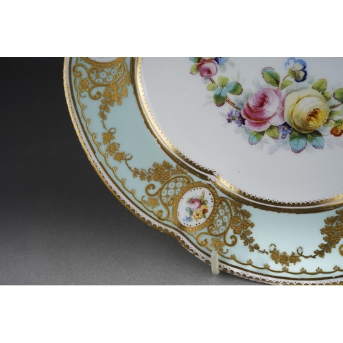 267 - A late 19th century Crown Derby porcelain cabinet plate, gilt wavy rim, the pale blue border with ra... 