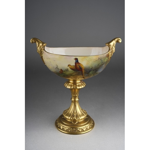 271 - A Royal Worcester boat shaped centre piece decorated with cock and hen pheasants in the branches of ... 