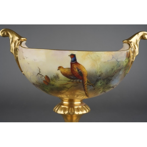 271 - A Royal Worcester boat shaped centre piece decorated with cock and hen pheasants in the branches of ... 