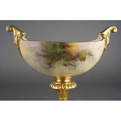 271 - A Royal Worcester boat shaped centre piece decorated with cock and hen pheasants in the branches of ... 
