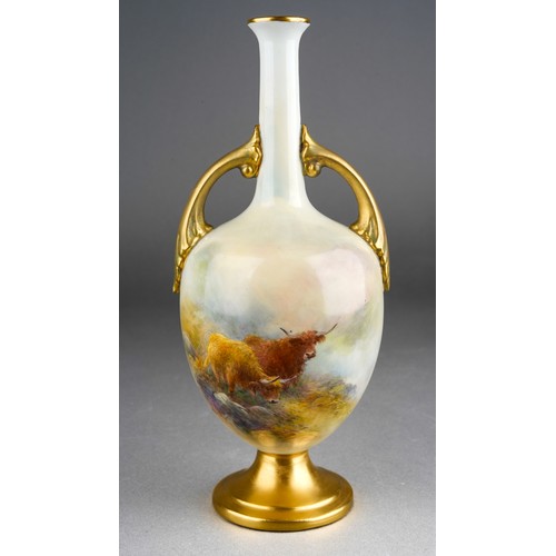 272 - A Royal Worcester porcelain twin handled ovoid vase decorated with Highland cattle by Harry Stinton,... 