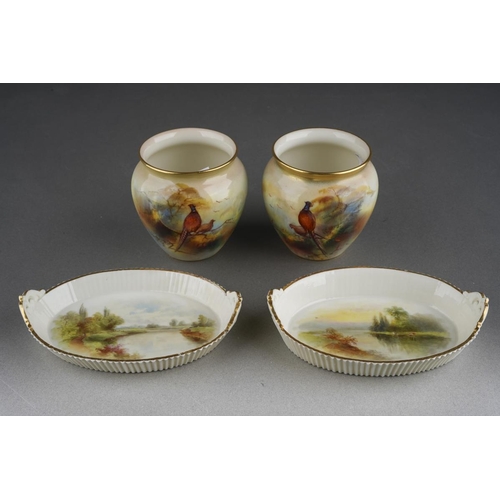 275 - A pair of Royal Worcester squat baluster vases painted with cock and hen pheasants, one signed A. Wa... 