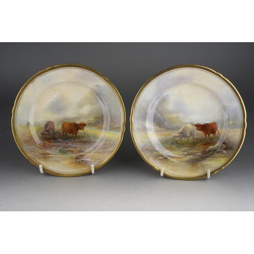 276 - Two Royal Worcester John Stinton Highland Cattle decorated  tea plates, gilt rims with the cattle in... 