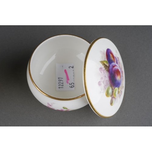277 - A Royal Worcester porcelain fruit and flower painted ivory trinket box and cover of circular form, p... 