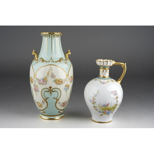 286 - Two pieces of floral decorated Royal Crown Derby, comprising a pale blue baluster vase with frilled ... 