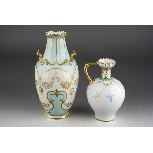286 - Two pieces of floral decorated Royal Crown Derby, comprising a pale blue baluster vase with frilled ... 