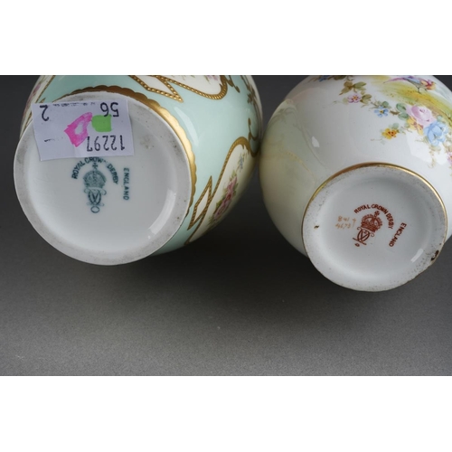 286 - Two pieces of floral decorated Royal Crown Derby, comprising a pale blue baluster vase with frilled ... 
