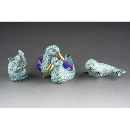 288 - Three Herend green fish scale animal figures, comprising mouse 15304/VHV, height 5.5cm approx, a sea... 