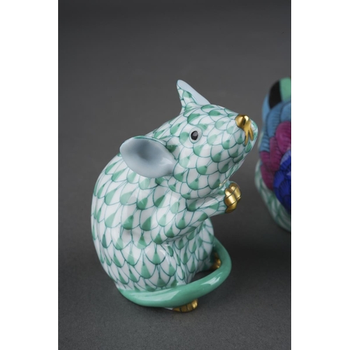 288 - Three Herend green fish scale animal figures, comprising mouse 15304/VHV, height 5.5cm approx, a sea... 