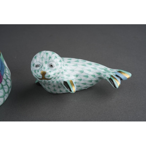 288 - Three Herend green fish scale animal figures, comprising mouse 15304/VHV, height 5.5cm approx, a sea... 