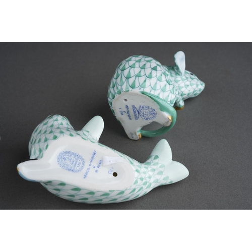 288 - Three Herend green fish scale animal figures, comprising mouse 15304/VHV, height 5.5cm approx, a sea... 