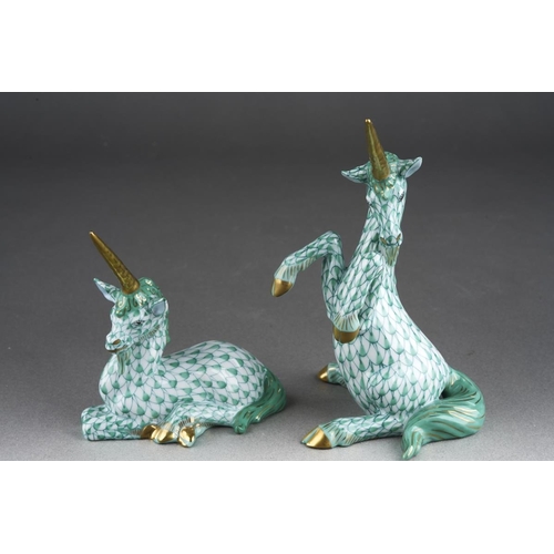 289 - Two Herend green fish scale Unicorns, inscribed 15360/VHV, height 12cm approx and 15359/VHV, height ... 