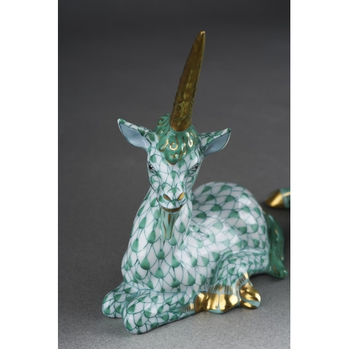 289 - Two Herend green fish scale Unicorns, inscribed 15360/VHV, height 12cm approx and 15359/VHV, height ... 